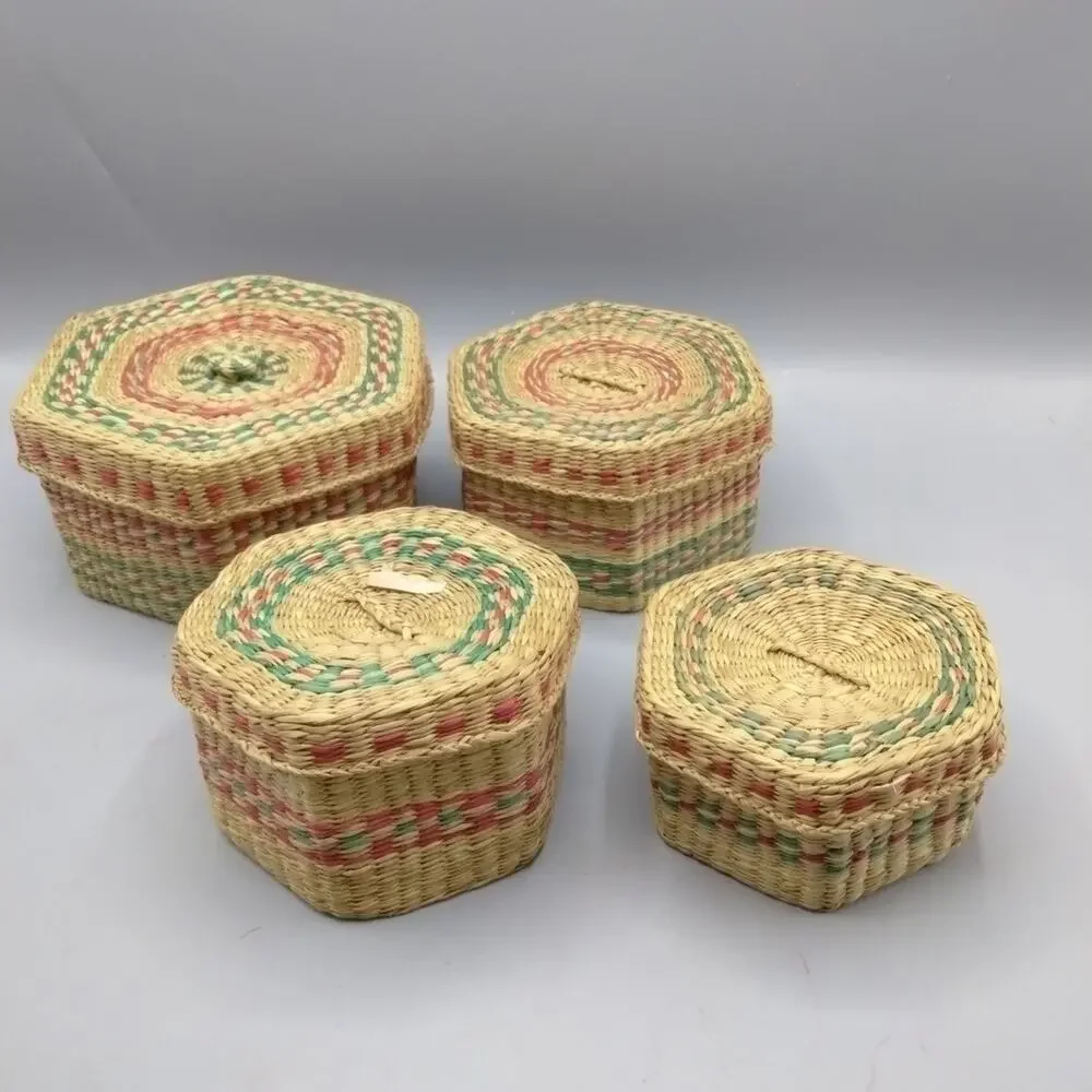 Nesting Natural Grass Woven Hexagon Baskets- Set of 4 w/Lids -Red &Green Trim